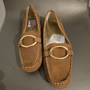 Anne Klein Tan Suede Loafers with Gold Detail
